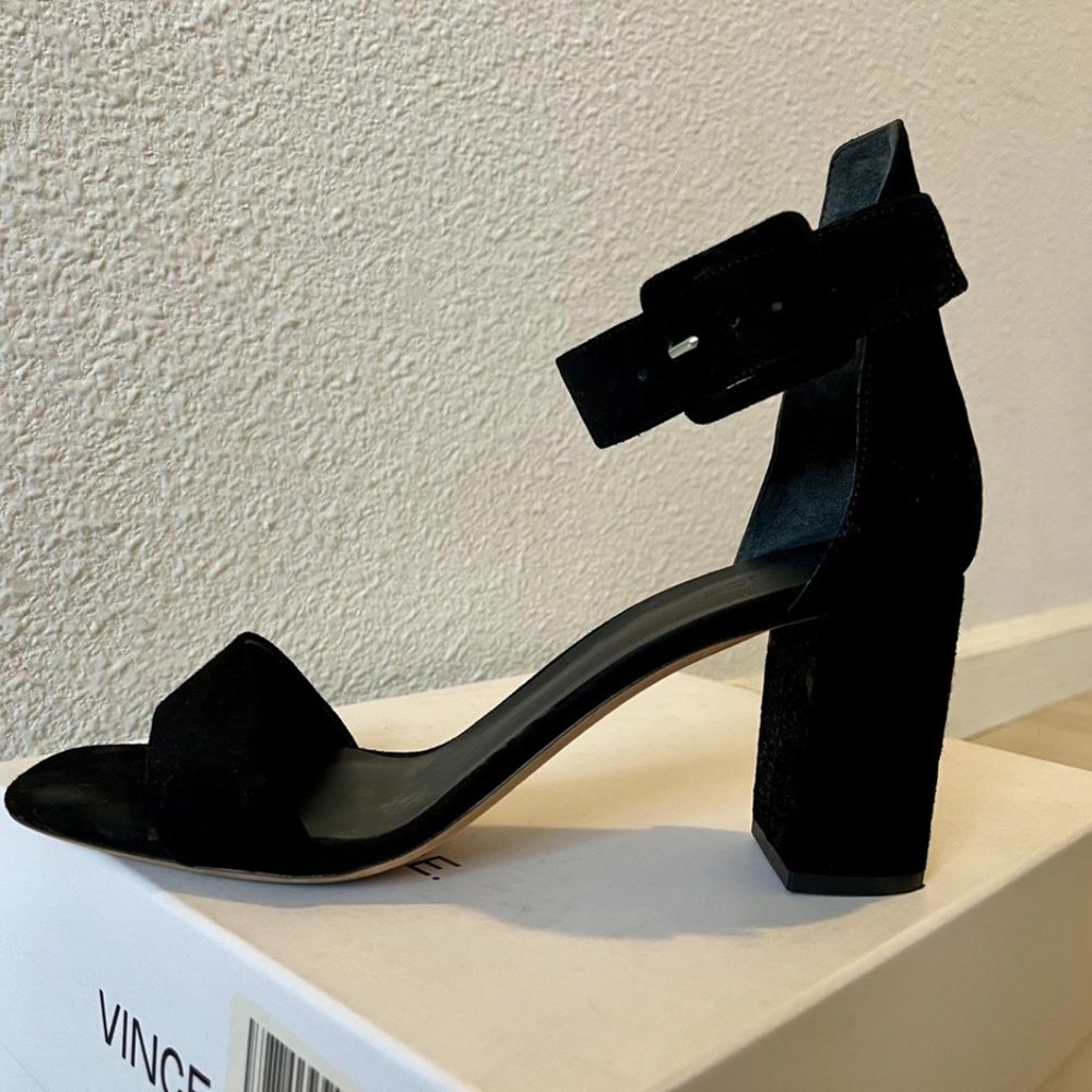 Vince. Blake Black Suede Block Heel Sandals Size: 9 M / 39 EUR